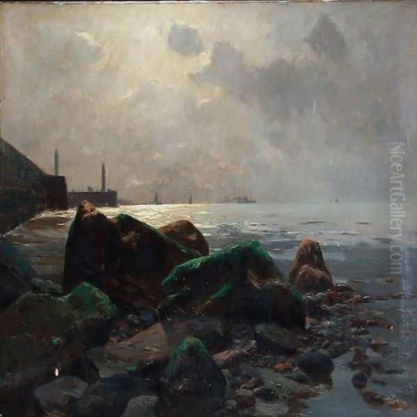 Coastal Scene With A View To A Harbour Oil Painting by Erwin Carl Wilhelm Gunther