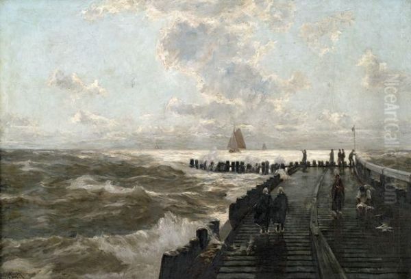 Auf Einem Landungssteg Bei Rauer See Unter Bewolktem Himmel Oil Painting by Erwin Carl Wilhelm Gunther