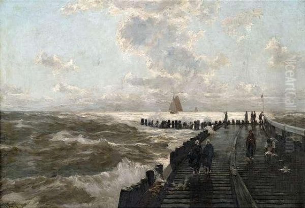 On A Jetty At Rough Seaunder Cloudy Sky Oil Painting by Erwin Carl Wilhelm Gunther