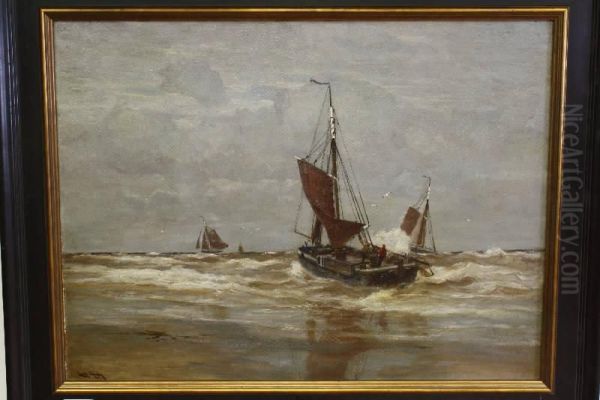 Scheveningse Bomschuiten In De Branding Oil Painting by Erwin Carl Wilhelm Gunther