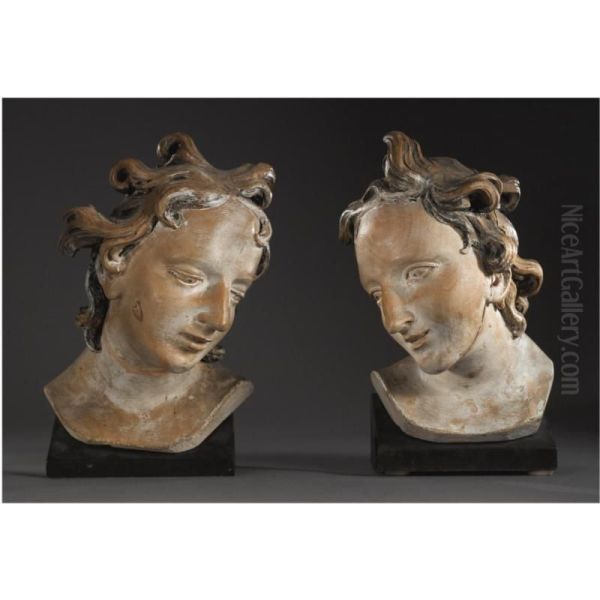 A Pair Of South German Limewood Heads Of Angels, Attributed To The Workshop Of Ignaz Gunther (1725-1775), Mid 18th Century Oil Painting by Ignaz Gunther