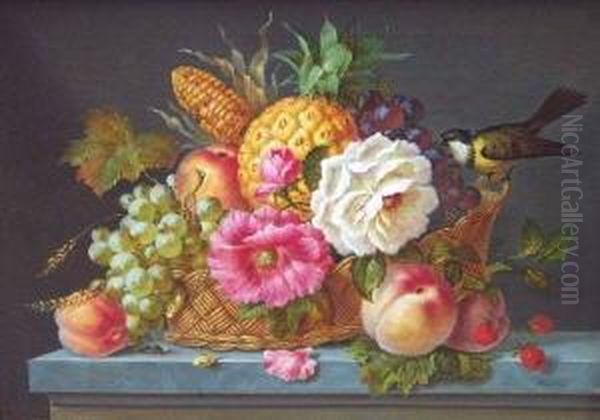 Stilleben Mit Blumen, Fruchten, Vogel Und Insekt Oil Painting by Julius Gunther