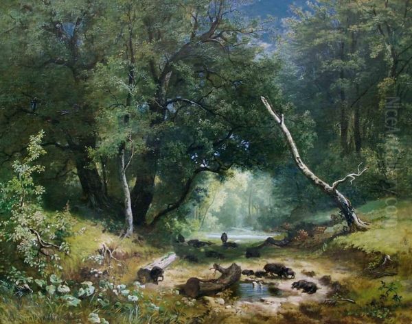 Waldlichtung Mit Einem Rudel Wildschweine Oil Painting by Otto Gunther-Naumburg