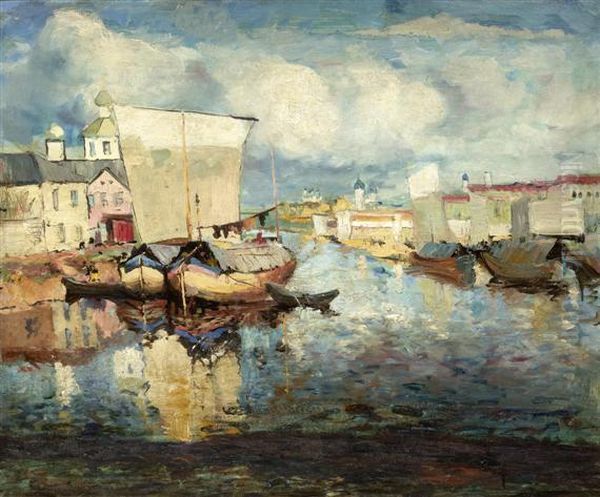 View Of A Port Near Pskov Oil Painting by Grigoriy Ivanovid Gurkin