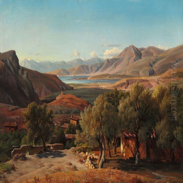 Italian Landscape With Houses And Old Olive Trees Oil Painting by Louis Gurlitt