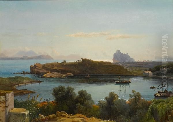 A View Of The Gulf Of Naples At Ischia Witharagonesi Castle In The Background Oil Painting by Ludwig H. Theodor Gurlitt