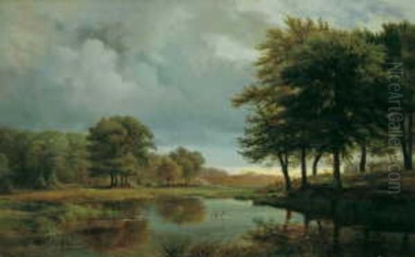 Bewaldete Landschaft Mit Rehen An Einem Gewasser Oil Painting by Ludwig H. Theodor Gurlitt