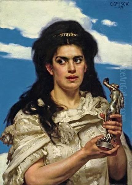 Frau Vor Blauem Himmel, Eine Bronze-figur Haltend Oil Painting by Karl Gussow