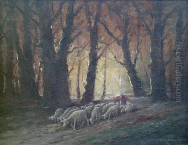 Shepherdess With Her Flock Oil Painting by Guyla Nemeth Gutahazy