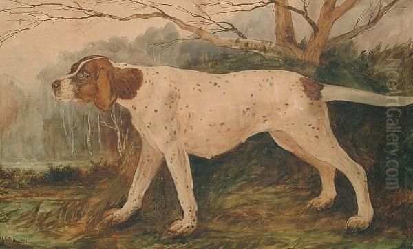 An English Pointer Hunting In A Wooded Landscape Oil Painting by W.D. Guthrie