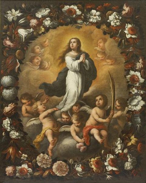 Inmaculada Nina Con Orla De Flores Oil Painting by Juan Simon Gutierrez