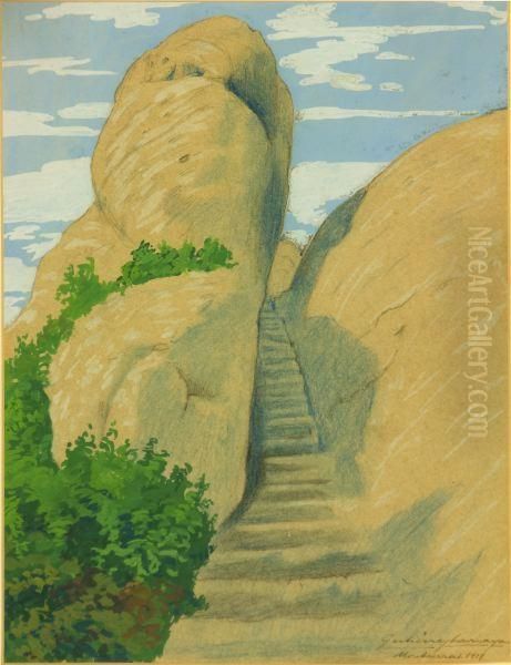 Escalera En Las Rocas De Montserrat Oil Painting by Tomas Gutierrez Larraya