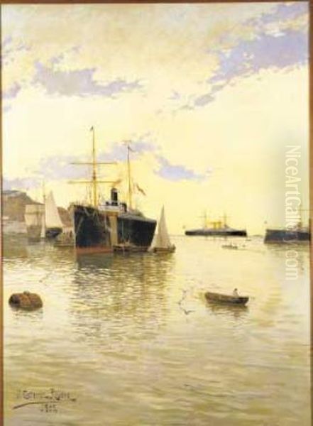 Navi Nel Porto Di Barcellona Oil Painting by Francisco Gutierrez Rivera