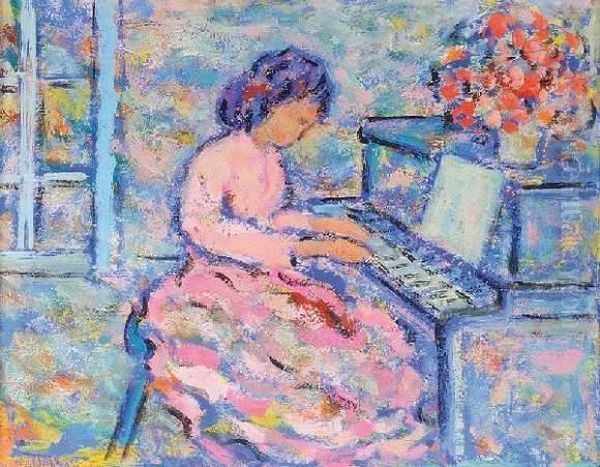 La Petite Fille Au Piano Oil Painting by Bernhard Gutmann