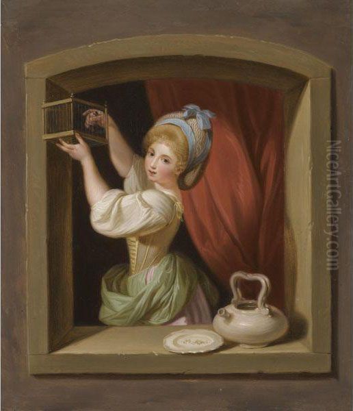 A Young Girl At The Window, Placing A Goldfinch In A Cage Oil Painting by Ludwig Guttenbrunn