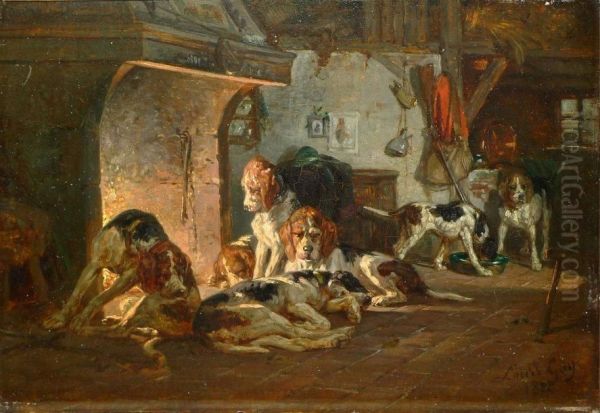 Chiens Courants Devant Lacheminee Oil Painting by Jean-Baptiste-Louis Guy