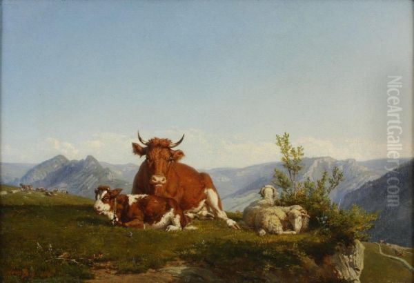 Vaches Et Moutons Dans Un Paysagevallonne Oil Painting by Jean-Baptiste-Louis Guy