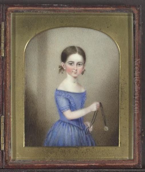 A Miniature Portrait Of A Girl In A Blue Dress Holding A Necklace With A Medallion Oil Painting by Seymour Joseph Guy