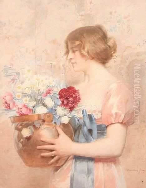 Beauty With Pot Of Flowers Oil Painting by Maximilienne Goepp Guyon