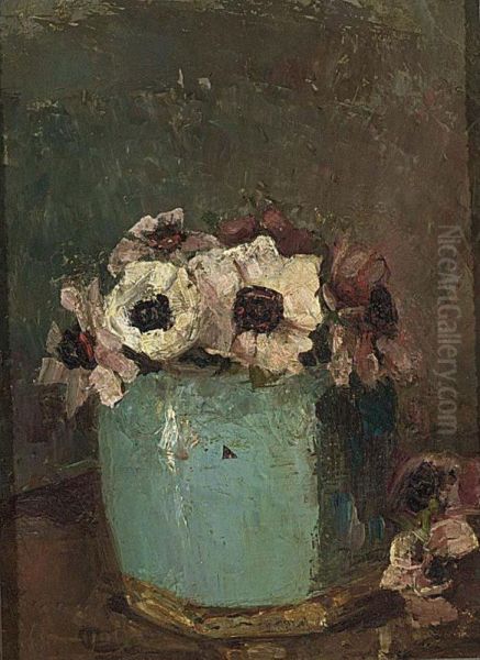 Still Life With Blue Vase And Anemones; Together With Five Other Works Oil Painting by Louise Guyot