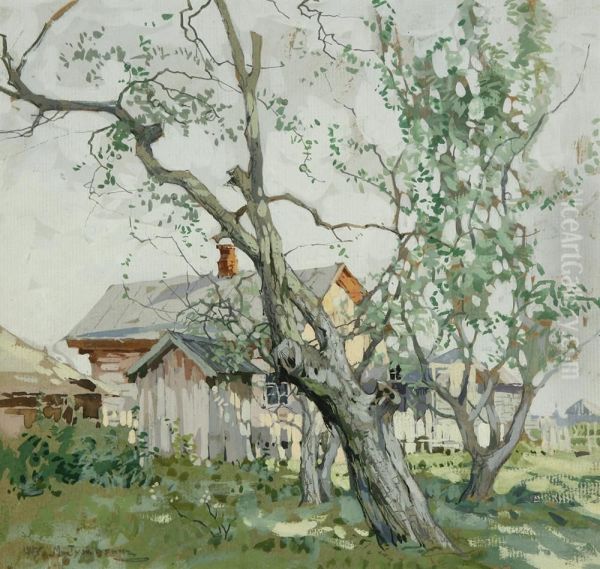 Sunlit Trees In A Backyard Oil Painting by Mikhail Markelovich Guzhavin