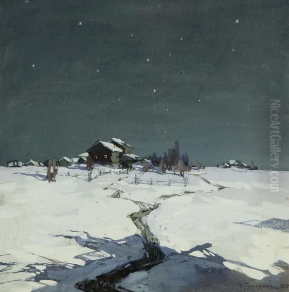 Winter Night Oil Painting by Mikhail Markelovich Guzhavin