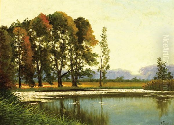 Spring Landscape By Lake Oil Painting by Mikhail Markelovich Guzhavin