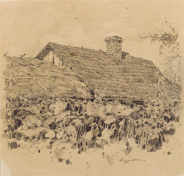 Roof Of The Peasant House Oil Painting by Mikhail Markelovich Guzhavin