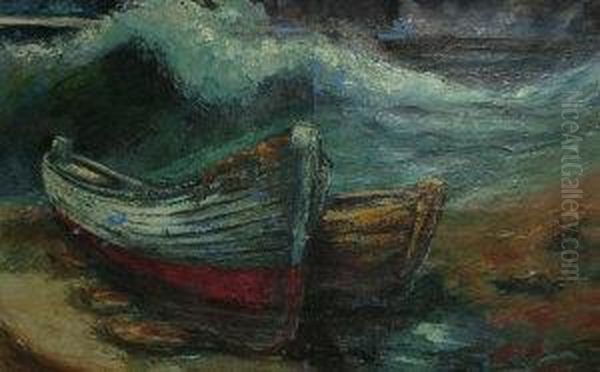 Mid-late 20th Century- Beached Vessel On A Shore Oil Painting by M. Guzman