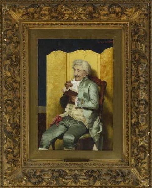 Portrait Of An Elegantly Dressed Man, Seated Reading A Book Oil Painting by Giuseppe Guzzardi