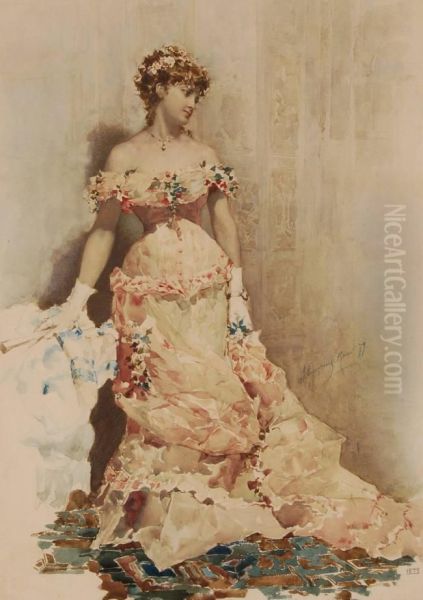 Full Length Portrait Of A Young Woman Wearing A Floral Trimmed Ball Gown Oil Painting by Sebastiano Guzzone