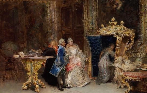 Interior With Elegant People In Rococo Costumes Oil Painting by Sebastiano Guzzone