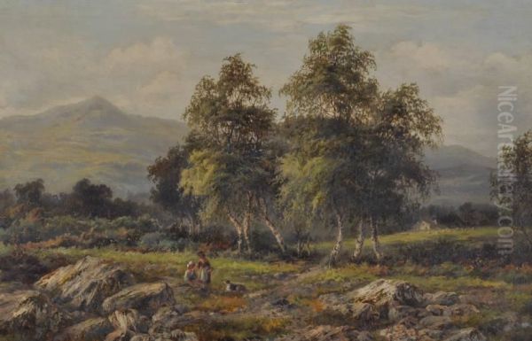 Extensive Welsh Landscape With Figures And Dog Oil Painting by Albert E. Gyngell