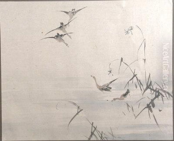 Geese On A Lake Oil Painting by Mochizuki Gyokusen