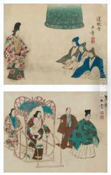 Two Scenes From The No Theatre Oil Painting by Kawabata Gyokusho