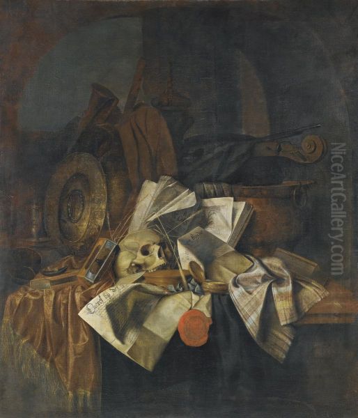 A Vanitas Still Life With A Skull, A Shield, An Hour Glass, Books And Papers On A Tabletop Oil Painting by Franciscus Gysbrechts