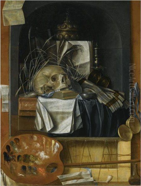 A Trompe L'oeil Of Painter's Attributes With A Painting Of A Vanitas Still Life With A Skull, Music Sheets, A Silver Gilt Chalice, A Candlestick And Other Objects, Together With A Painter's Palette, A Pipe And A Pocket Watch Oil Painting by Franciscus Gysbrechts