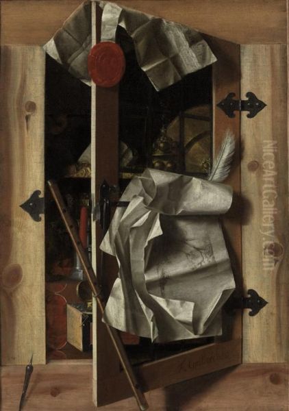 A Trompe L'oeil Still Life With Objects In A Cupboard Oil Painting by Franciscus Gysbrechts