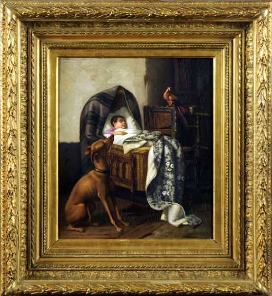 Chien Et Perroquet Gardant Le Landau Oil Painting by Joseph Gyselinckx