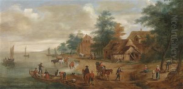 Village On A Lake With A Herd Of Cattle Oil Painting by Pieter Gysels