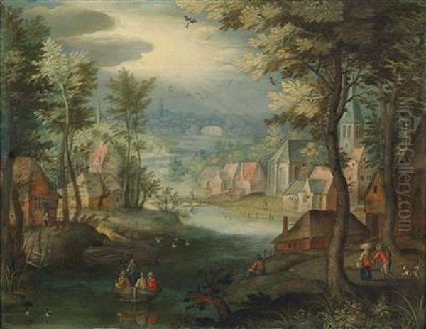 River Landscape With A Village And Peasants Oil Painting by Pieter Gysels