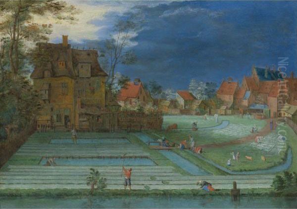 A Town With Figures Working In Bleaching Fields In Theforeground Oil Painting by Pieter Gysels