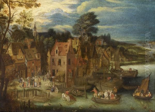 Ville Flamande Au Bord D'une Riviere Oil Painting by Pieter Gysels