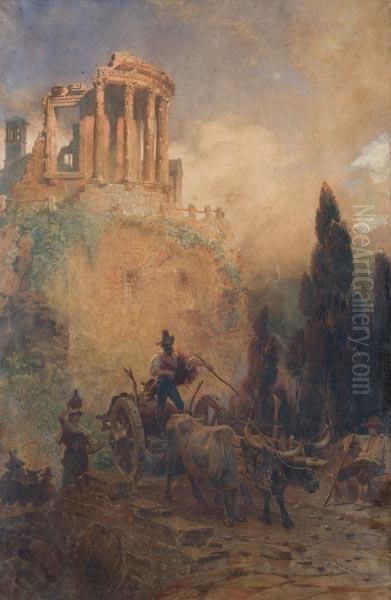 Carro Di Contadini Sotto Il Tempio Di Vesta A Tivoli Oil Painting by Carl Haag