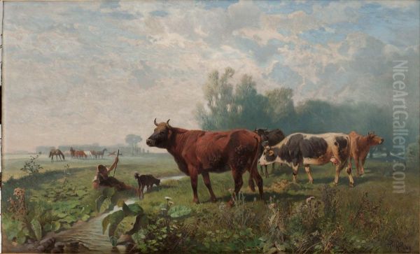 Landskap Med Kor Oil Painting by Hans Johann Haag