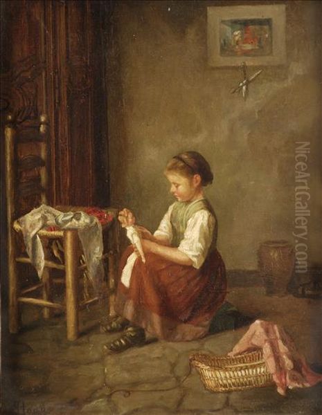 A Child Playing Inan Interior Oil Painting by Jean-Paul Haag