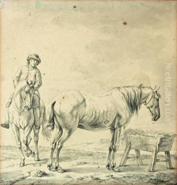 Ruiter Te Paard Met Werkpaard Bij Voederbak Oil Painting by Tethart Philip Christiaan Haag