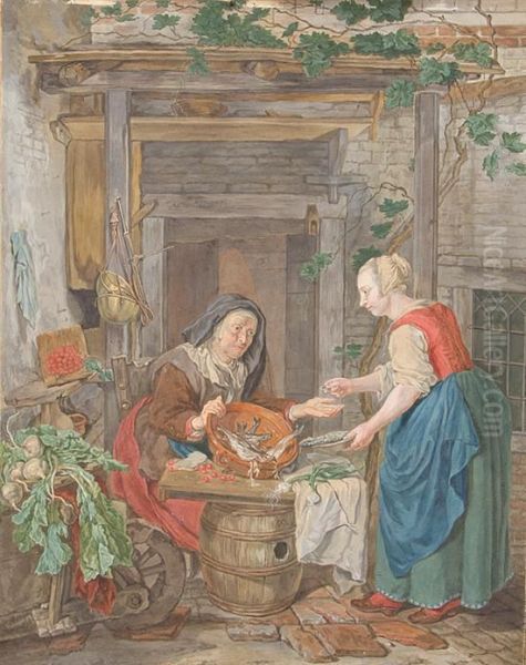 An Old Woman Selling Fish Oil Painting by Tethart Philip Christiaan Haag