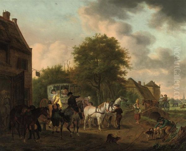 An Elegant Company In A Carriage, Stopping In A Village Oil Painting by Tethart Philip Christiaan Haag