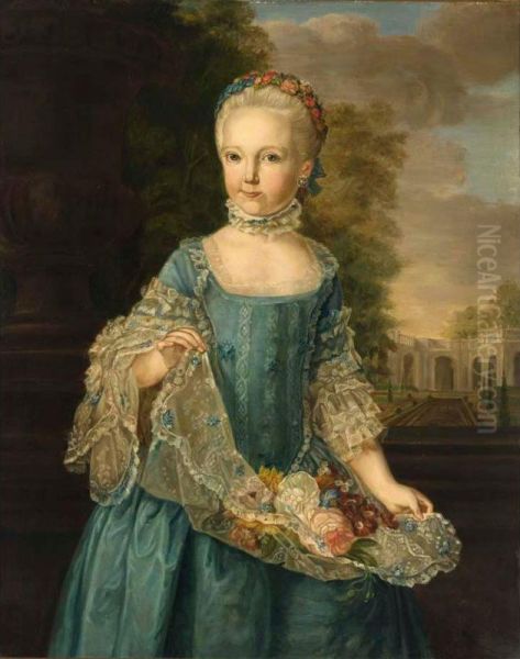 A Portrait Of Adriana Petronella Gravin Van Nassau Woudenberg (1757-1789), Aged 8, Standing Three-quarter Length, Wearing A Blue Dress With White Lace Cuffs, Holding Flowers In Her Apron, In A Landscape Oil Painting by Tethart Philip Christiaan Haag